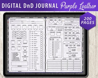 DnD Character Sheet, DnD Spell Cards, DnD Tracker, DnD Journal Digital, Inventory Sheet, Character Creator, Purple Leather and Parchment