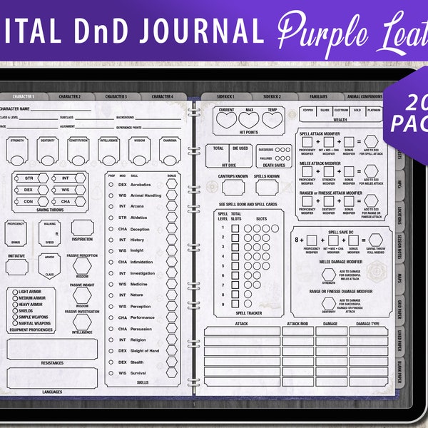 DnD Character Sheet, DnD Spell Cards, DnD Tracker, DnD Journal Digital, Inventory Sheet, Character Creator, Purple Leather and Parchment