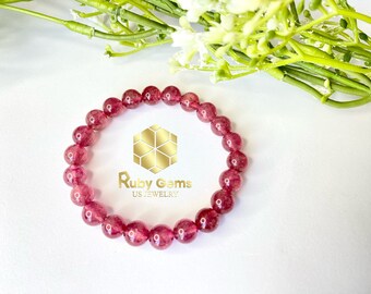 Handmade Strawberry Quartz Bracelet, Real Silver Charm, Yoga Bracelet