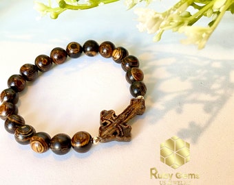 Natural Agarwood Cross Bracelet | Silver Charm, Fengshui Jewelry