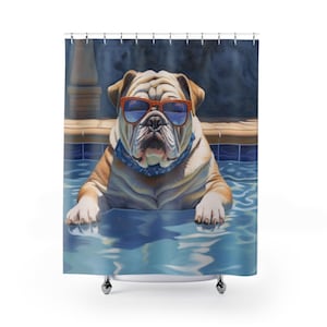 Bulldog in pool AI Art Shower Curtains