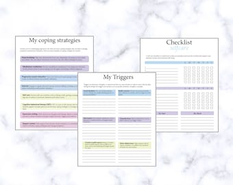 Può includere: Tre fogli di lavoro stampabili per l'autocura con testo: "Le mie strategie di coping", "I miei trigger" e "Checklist selfcare". I fogli di lavoro sono bianchi con accenti blu chiaro e viola. Lo sfondo è un motivo marmorizzato.