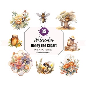 Honey Bee Clip Art, Watercolor Bee, Watercolor Honey Bee Clipart, Clip Art Bees, Bee PNG