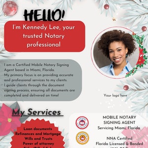 May include: A red and white holiday-themed business card for a mobile notary signing agent. The card features a photo of a smiling woman, a festive background, and the text "HELLO! I'm Kennedy Lee, your trusted Notary professional". The card also lists the services offered, including loan documents, refinances, wills, and more. The card includes contact information and social media handles.