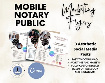 May include: Marketing flyers and social media posts for mobile notary public services. The design includes the text "Mobile Notary Public" and "Marketing Flyers". The flyers feature images of people and the text "I come to you!" and "24/7".