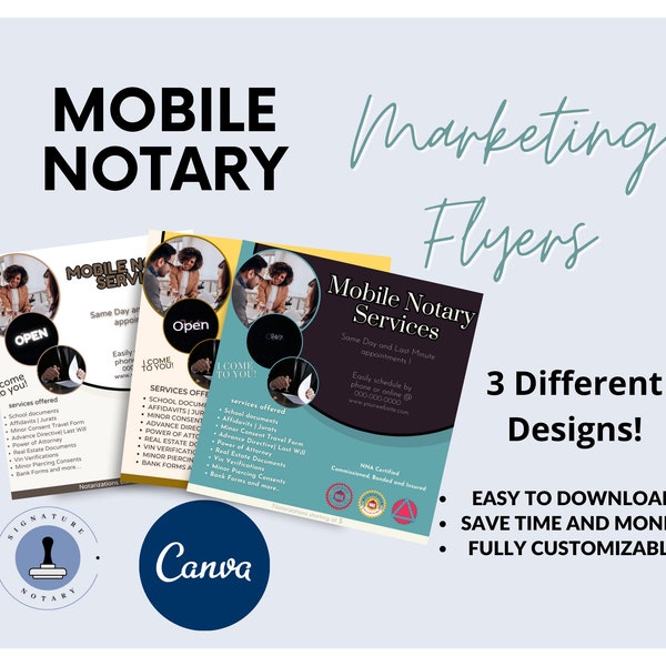 3 Notary Public Marketing Flyers, Notary Signing Agent Branding, Notary Signing Flyers, Loan Signing Agent, Notary Business, Canva Templates