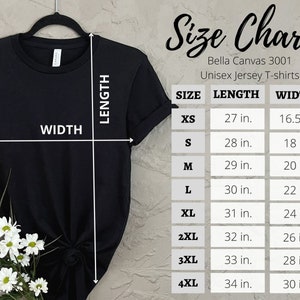 May include: Black Bella Canvas 3001 unisex jersey t-shirt with a size chart. The chart lists sizes XS to 4XL, with length measurements from 27 inches to 34 inches and width measurements from 16.5 inches to 30 inches.