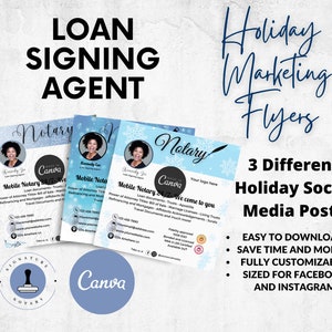 Puede incluir: Tres folletos de color azul y blanco con temática navideña para un servicio de notaría móvil. Los folletos presentan una foto de una mujer, copos de nieve y el texto "Mobile Notary 24/7 We come to you". Los folletos están diseñados para las redes sociales y son totalmente personalizables.