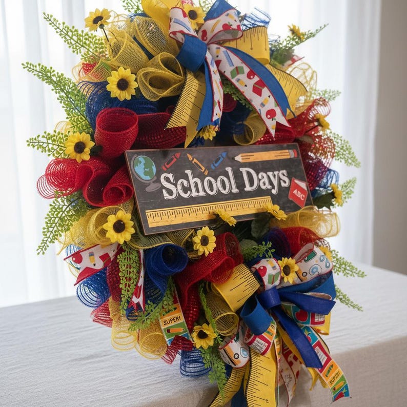 Back to School Deco Mesh Wreath | School Days Sign| Ruler Ribbon ...
