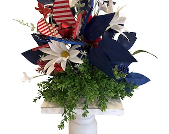 Patriotic Bottle Bouquet Centerpiece, Red White Blue Floral Arrangement, 4th of July Table Decor, Americana Summer Party Decoration