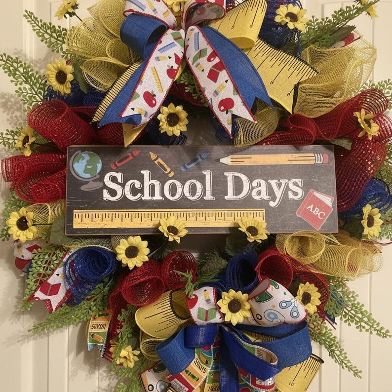 Back to School Deco Mesh Wreath | School Days Sign| Ruler Ribbon ...