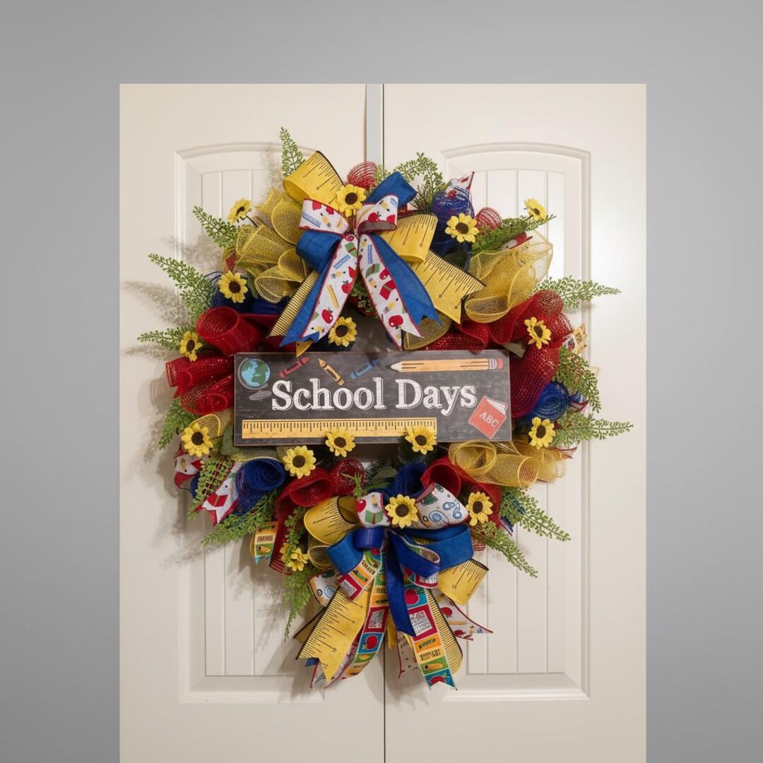 Back to School Deco Mesh Wreath | School Days Sign| Ruler Ribbon ...