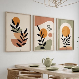 Boho Abstract Wall Art Decor: Set of 3 Prints, Green and Burnt Orange ...