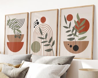 Boho Abstract Wall Art Decor: Set of 3 Prints, Green and Burnt Orange ...