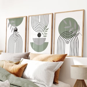 Mid Century Decor, Sage Green Boho Abstract Prints, Set of 3 Modern Art, Digital Download