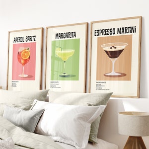 Aperol Spritz, Margarita, Espresso Martini Poster, Retro Drink Digital Art, Bar Cart Decor, Set of 3 Cocktail Prints