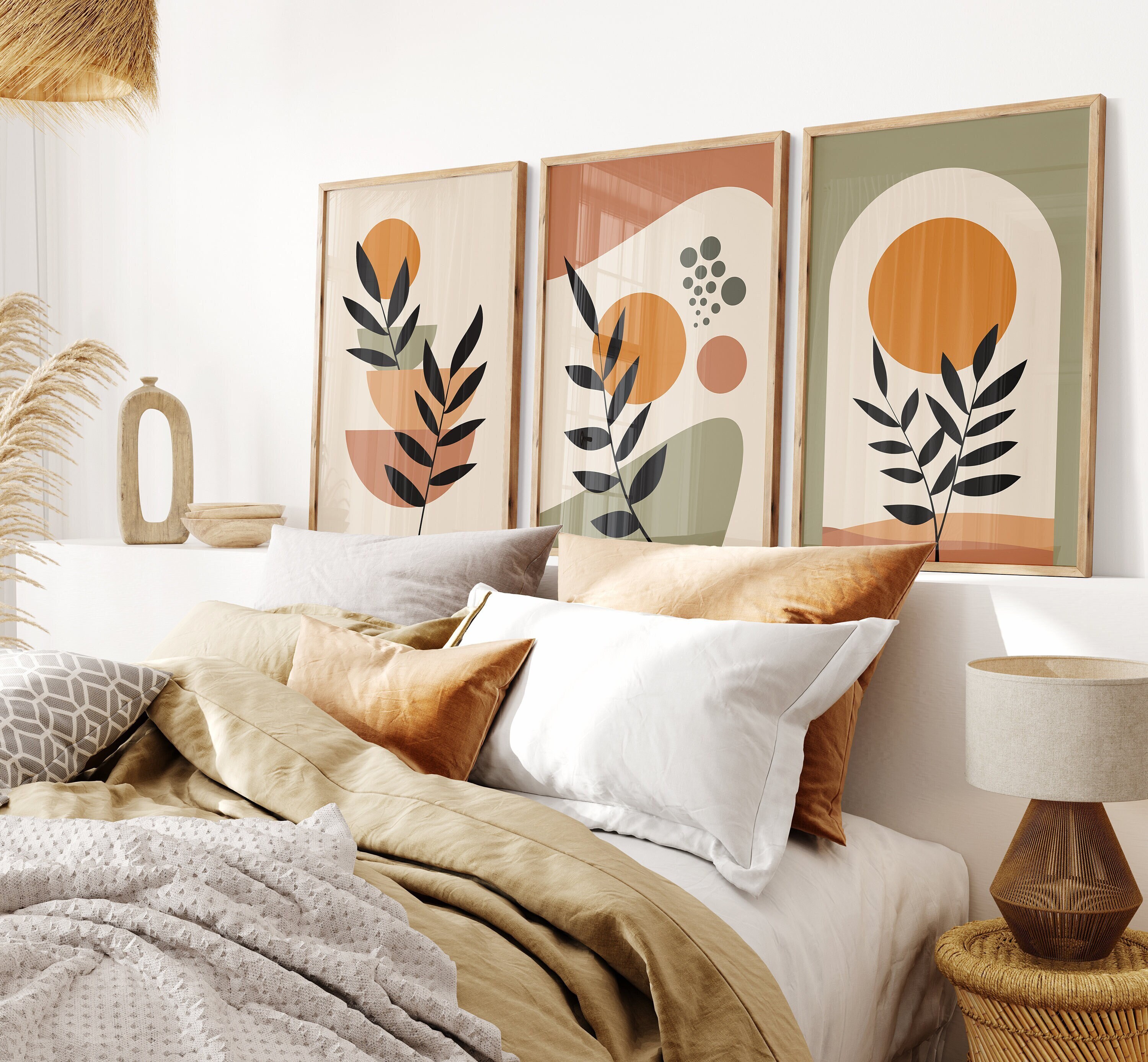 Boho Abstract Wall Art Decor: Set of 3 Prints, Green and Burnt Orange ...