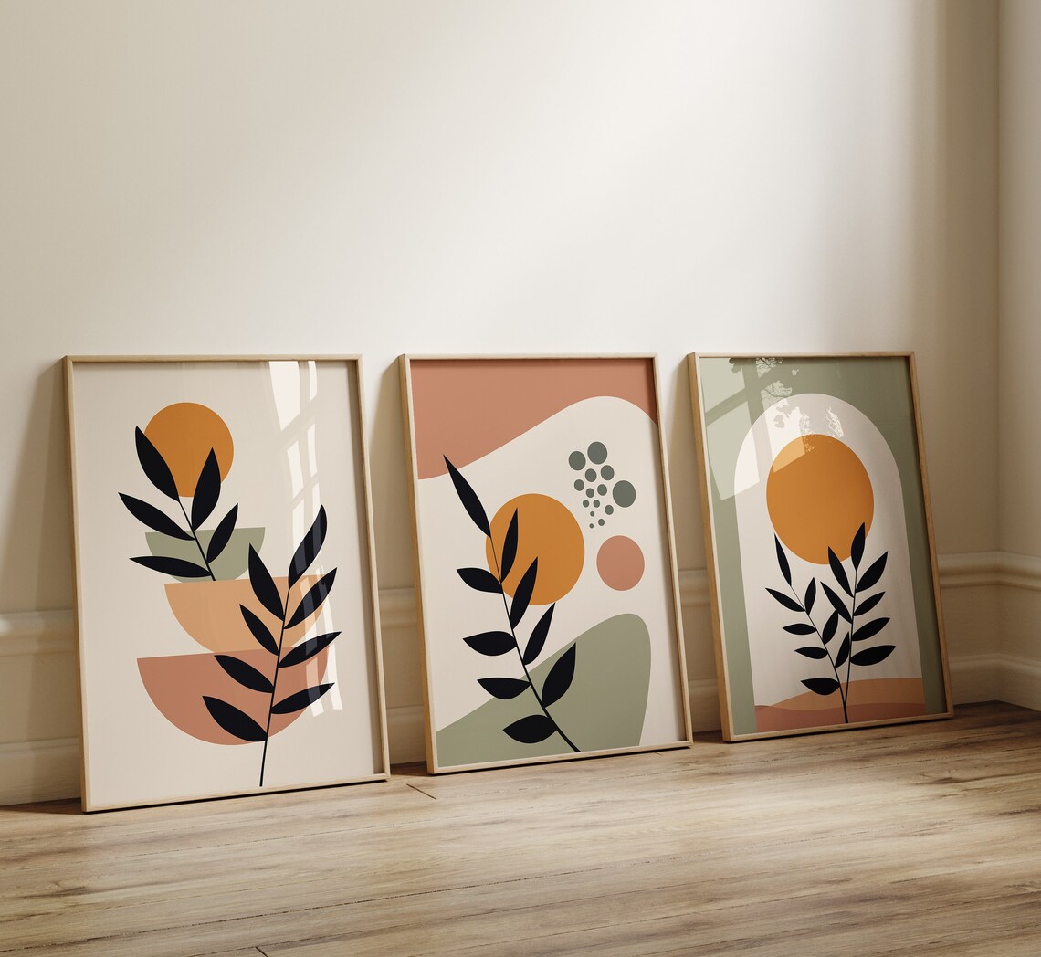 Boho Abstract Wall Art Decor: Set of 3 Prints, Green and Burnt Orange ...