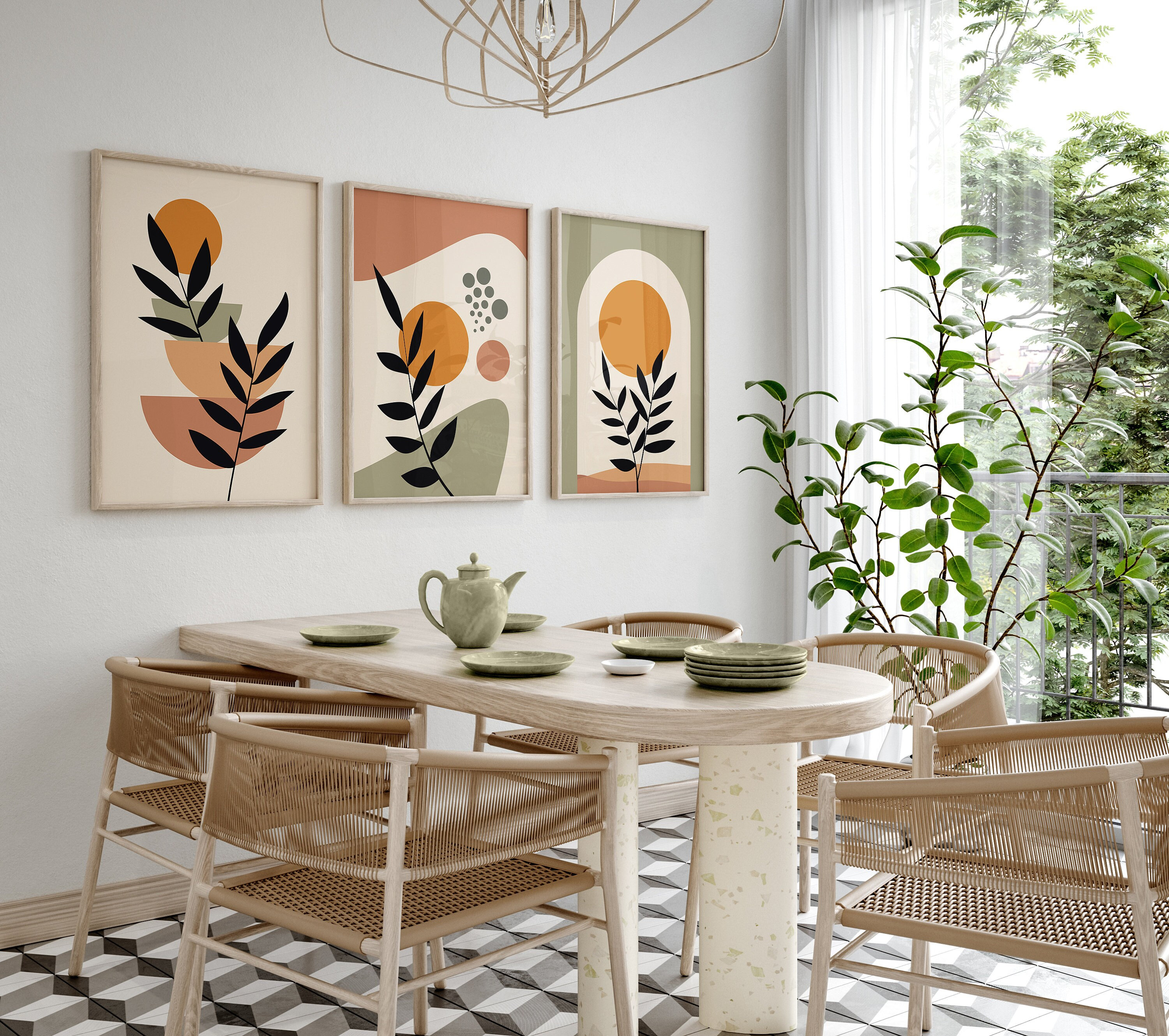 Boho Abstract Wall Art Decor: Set of 3 Prints, Green and Burnt Orange ...