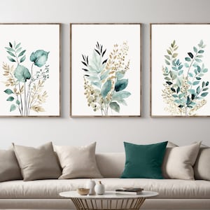Set of 3 Flower Art Prints, Teal Botanical Wall Decor for Home, Blue Floral Bouquet, Wildflower Digital Download