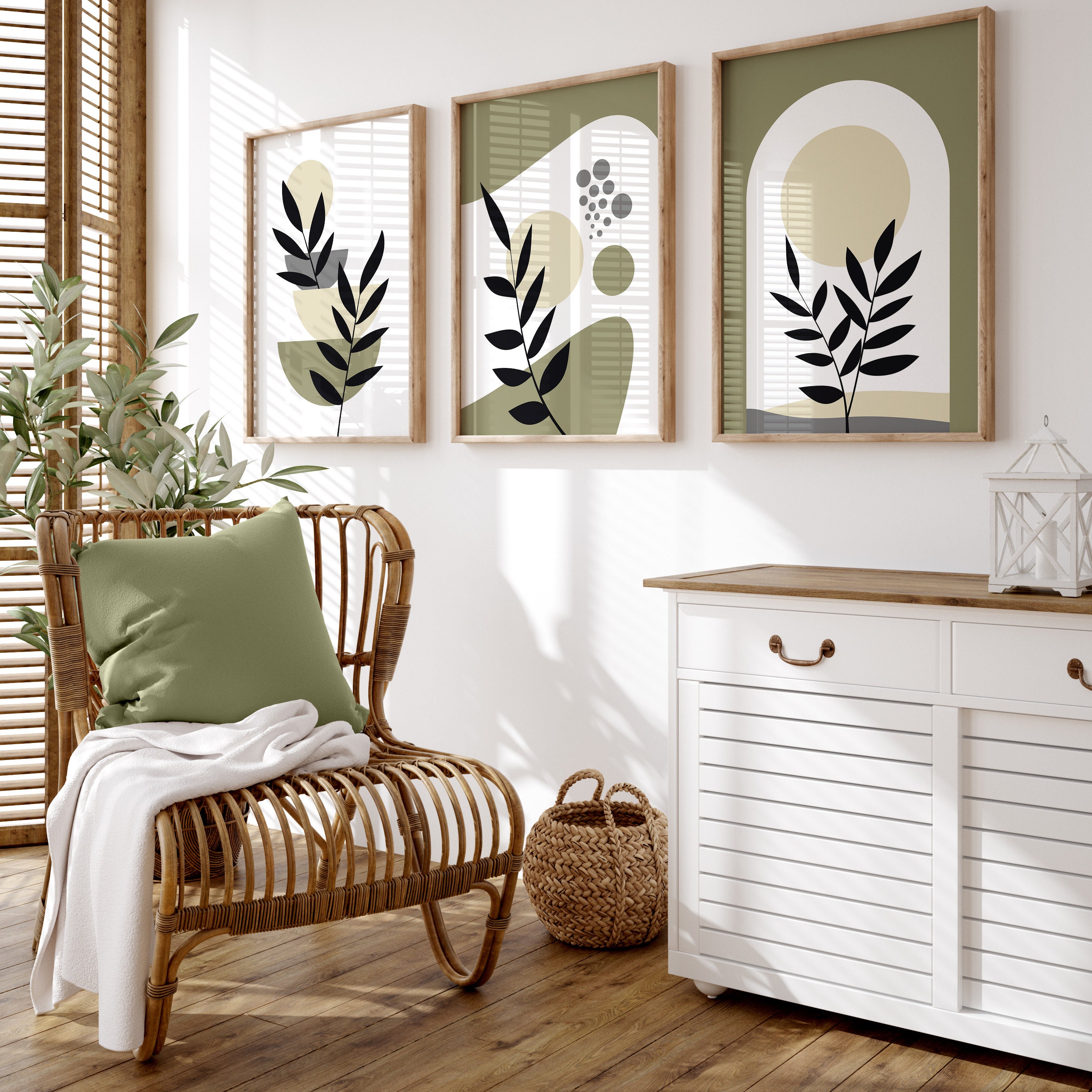 Boho Sage Green Abstract Wall Art Prints Set of 3 Modern Art Mid Century Botanical Wall Decor - Etsy