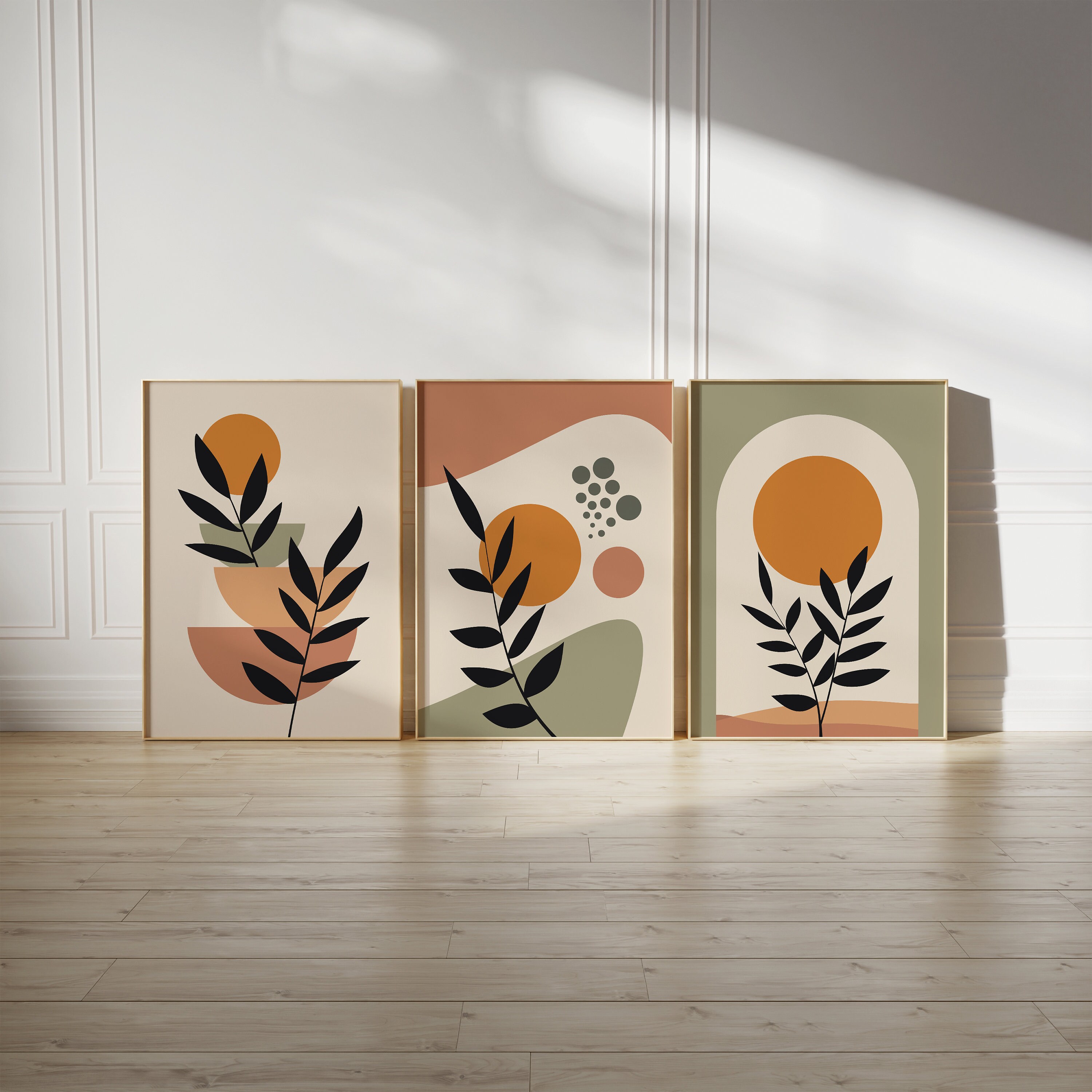 Boho Abstract Wall Art Decor: Set of 3 Prints, Green and Burnt Orange ...