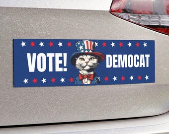 Vote Democat Car Magnet – Funny Political Cat Magnet, Cat Lover Voter, Democracy Cat, Cute Retro Uncle Sam Cat Bumper Magnet