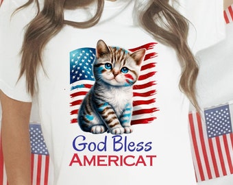 God Bless Americat T-Shirt - USA Shirt - Cute Cat Fourth of July Shirt for Cat Lovers who love America and kitties!