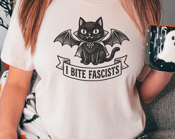 I Bite Fascists Shirt – Cute Vampire Cat T-Shirt, Anti Fascist Cat, Funny Political Cat Tee, Goth Black Cat