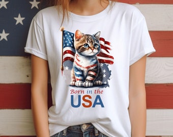 Funny Cat Tee - Born in the USA T-shirt - Cute Patriotic Cat and American Flag T-shirt! Purrfect Shirt for Cat Lovers!