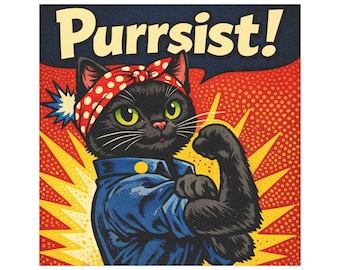 Purrsist Cat Car Magnet – Resistance Cat, Protester Black Cat, Activist Rosie the Riveter Cat, Retro Pop Art Bumper Magnet