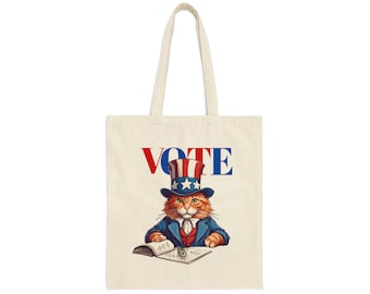 Uncle Sam Cat Vote Canvas Tote Bag -  Vote Election Bag - Vote because it Matters! Voting Political Tote Bag with Ginger Uncle Sam Cat