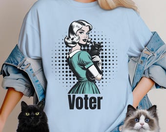 Cat Lady Voter T-shirt - Pop Art Retro Cat Lady Vote Tee, Black Cat Election Shirt, Cat Girls, Cat Moms, Childless Cat Ladies Comfort Colors
