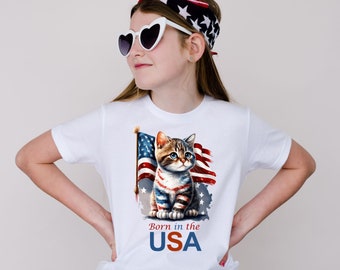 Born in the USA shirt for Kids with Patriotic Cat for Independence Day! Americat T-shirt