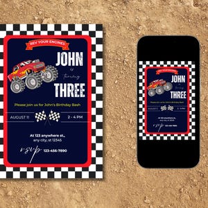 Monster Truck Birthday Invitation -Editable Red Truck Canva Design,Printable Birthday Invite, DIY Boys Birthday, Instant Download