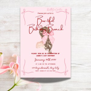 Bowtiful Birthday Invitation, Coquette Birthday Invite Template, Girls Pink Editable Canva Invitation,