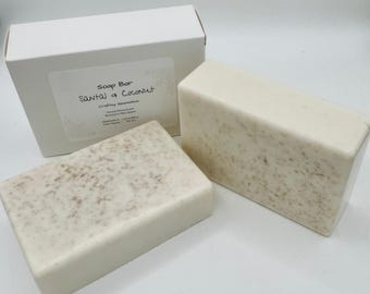 Jabón en barra de sándalo y coco, jabón natural hecho a mano, avena y manteca de karité.