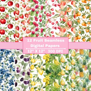 Fruit Orchard Watercolor Digital Paper - Seamless Watercolor Summer Fruit - Instant Download Printable Scrapbook Paper