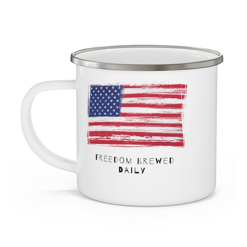 Patriotic Pride: 12 oz USA Flag Enamel Coated Stainless Steel Mug - Independence Day 4th of July Coffee Tea - American Pride, camping mug image 2