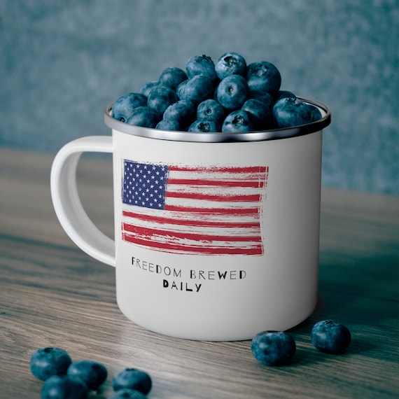 Patriotic Pride: 12 oz USA Flag Enamel Coated Stainless Steel Mug - Independence Day 4th of July Coffee Tea - American Pride, camping mug