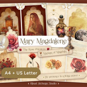 Puede incluir: Hoja de collage digital imprimible con Mary Magdalene, la Sacerdotisa de la Rosa, con imágenes de rosas, una paloma, un cáliz, una botella y una luna creciente. El texto "Mary Magdalene, The Rose Priestess, Mariam of Magdala, My presence is a living prayer" está incluido. La hoja está diseñada para los tamaños A4 y US Letter.