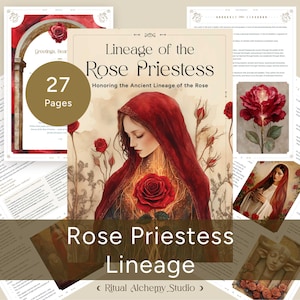 Op de afbeelding: Een verzameling gedrukte materialen met als centraal thema rozen en spiritualiteit. Het hoofdelement is een boek getiteld "Lineage of the Rose Priestess" met een vrouw in een rode kap. Andere items zijn pagina's met tekst en illustraties, en een kaart met de tekst "Love & Sacred".