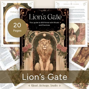 Peut inclure: Un guide de 20 pages sur le portail du Lion's Gate du 8/8 avec des rituels et des pratiques. La couverture présente un lion doré sur un fond étoilé et une arche dorée avec des roses.