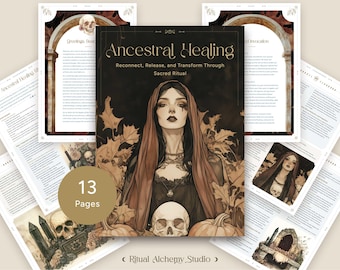 Könnte beinhalten: Ein Buchcover mit einem dunklen Hintergrund und einer Frau in einem roten Kapuzenmantel. Der Titel des Buches lautet "Ancestral Healing: Reconnect, Release, and Transform Through Sacred Ritual". Das Buch umfasst 13 Seiten und wird von Ritual Alchemy Studio herausgegeben.