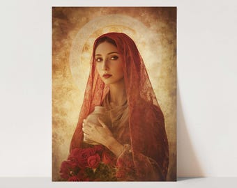 May include: A woman in a red and gold robe holds a ceramic vase with a bouquet of red roses. The background is a soft, golden color with a halo effect.