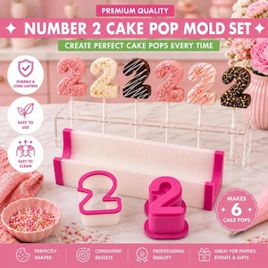 May include: A number 2 cake pop mold set featuring a pink plastic mold, a white stand, and six number 2 shaped cake pops decorated with various sprinkles and drizzles. The set includes text labels such as Premium Quality and Makes 6 Cake Pops.
