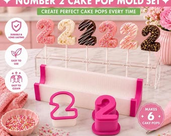 2 inch Number 2 Cake Pop Mold Set with Display Tray | Includes Press Tool | Birthday Cake Pop Maker | Made to Order