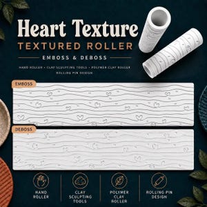 May include: Two white cylindrical textured rollers for clay, featuring a heart and wavy line pattern. The image displays the text Heart Texture Textured Roller Emboss & Deboss, along with two long rectangular strips showing the embossed and debossed results.
