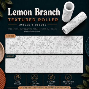 May include: Two white cylindrical textured rollers for clay, featuring a lemon branch pattern. The image displays the embossed and debossed results of the pattern on flat white surfaces, with text labels including Lemon Branch Textured Roller.