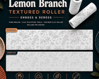 Lemon Branch Texture Roller | Cookie Dough Embosser | Fondant Pattern Roller | Clay Texture Tool | Citrus Baking Stamp